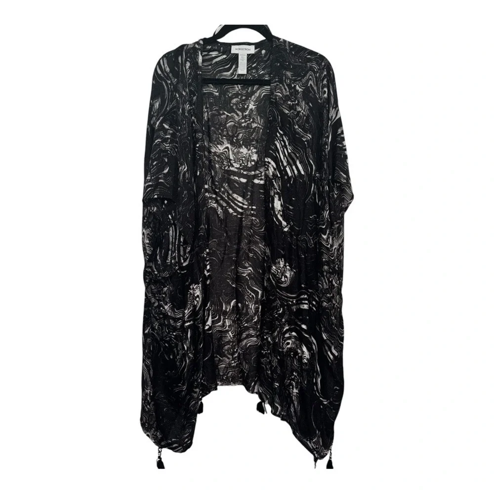 Nordstrom Women's Tassel Kimono Duster Cardigan Black White One Size - Picture 3 of 7